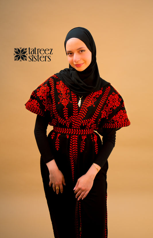 Red Tatreez Bisht - ONE SIZE
