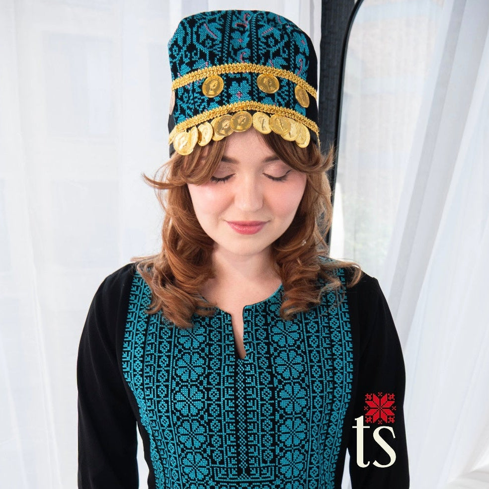 Traditional Palestinian Tatreez Turban Hat with Coin Accents